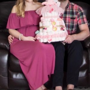 Ingrid & Isabel Off-the-Shoulder Midi Maternity Dress | Hibiscus Pink | XS